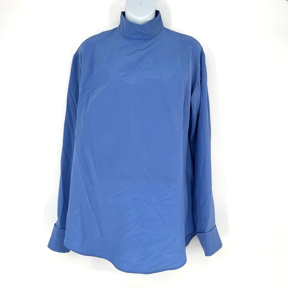 Jil Sander Blue Silk Mock Neck Blouse Womens Size 36 Hidden Zip Long Sleeve